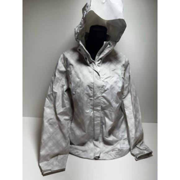 Eddie Bauer Women’s Weatheredge Rain Jacket Sz  XL Gray White Hooded Gorpcore - Picture 1 of 11